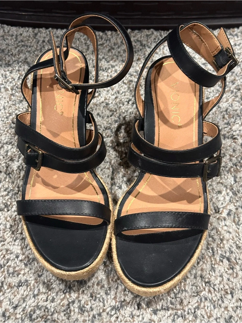 Vionic Black Leather Strappy Espadrille Wedge Sandals